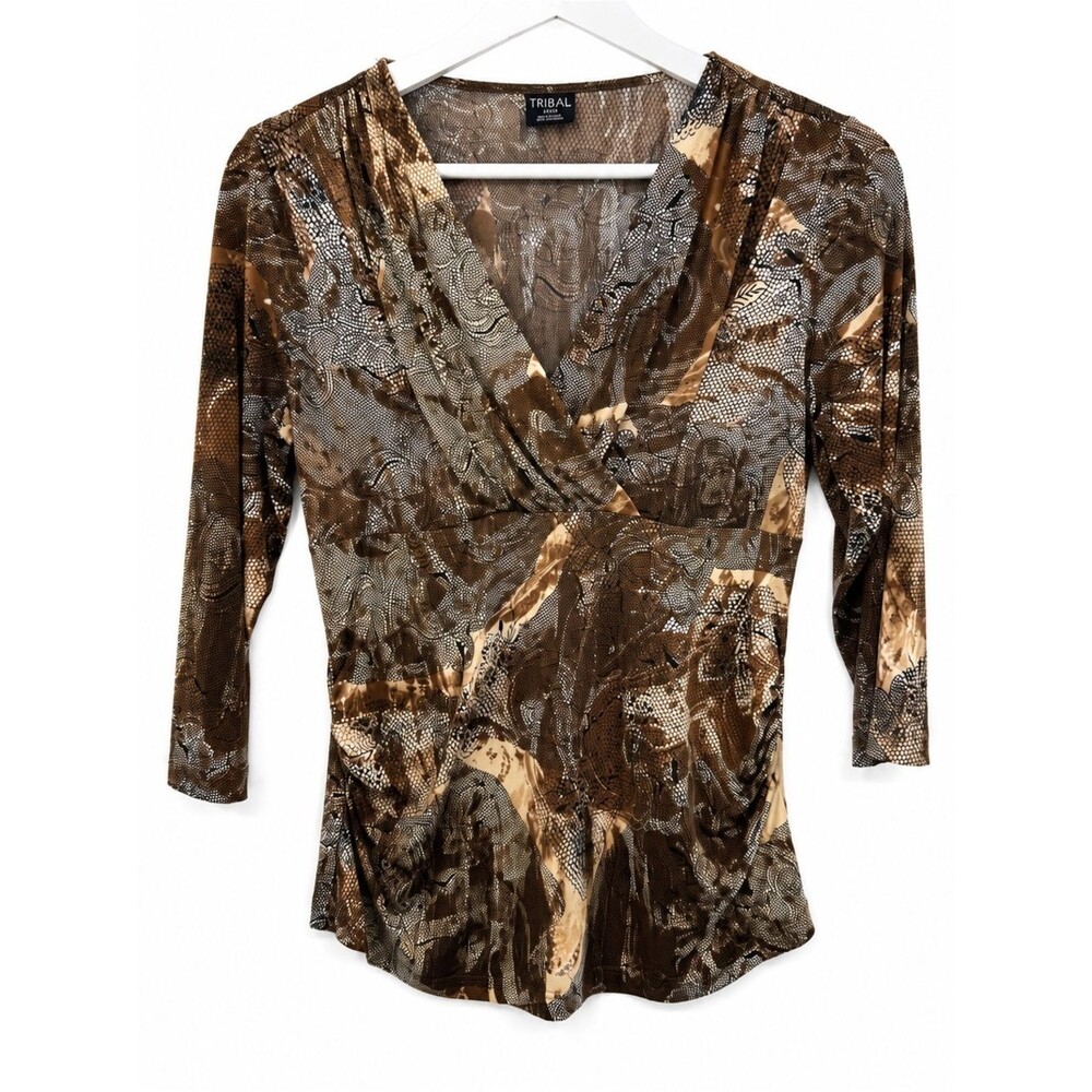 Tribal Brown Abstract 3/4 Sleeve Blouse Top Size Medium Y2k Style